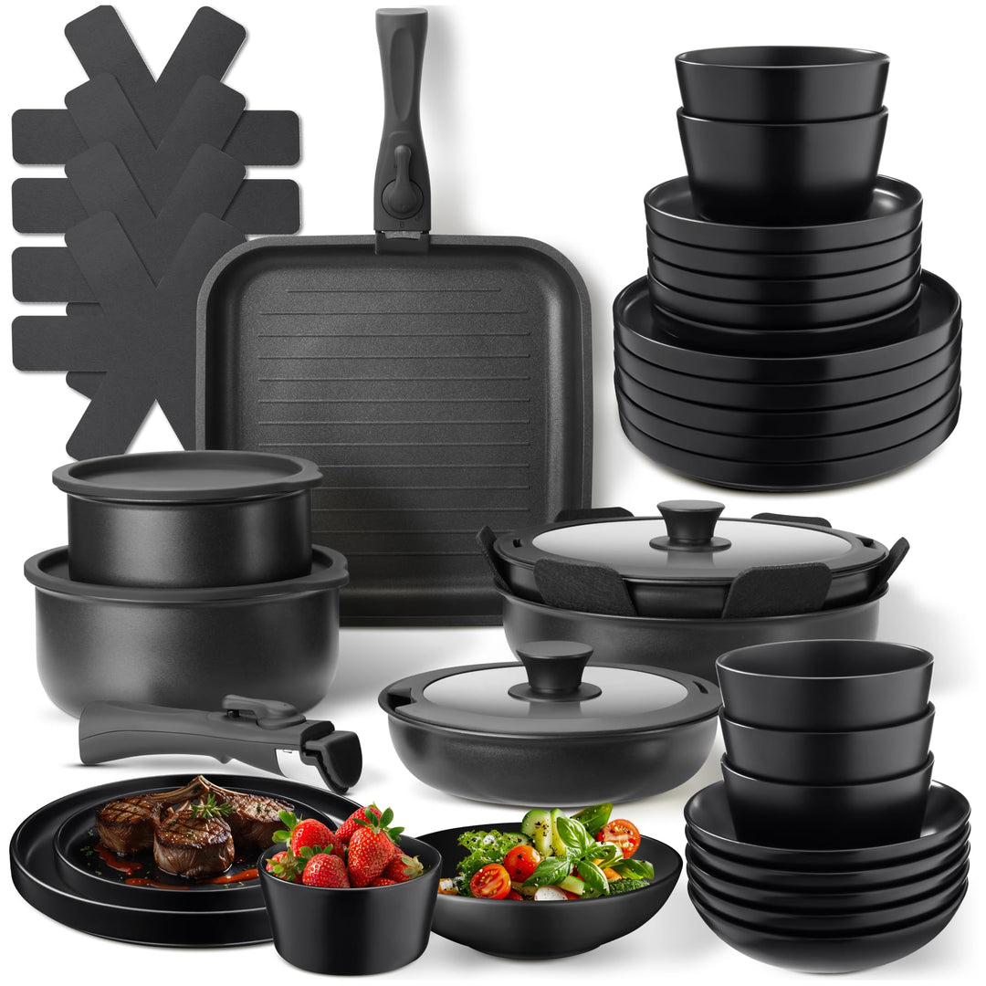 tectake® 41-tlg. Küchenstarterset, Steingut Geschirrset 6 Personen, Teller Set, 2x Kochtopf, 4x Brat