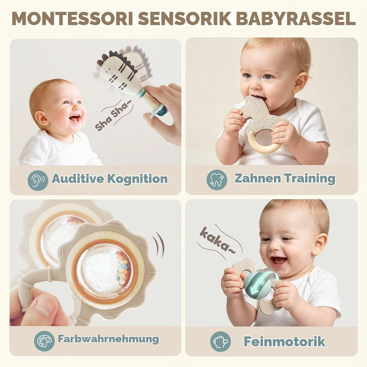 Evoceler Baby Rassel Beissring Set, Baby Spielzeug 0-6 Monate, Sensorik Montessori Spielzeug, Shaker