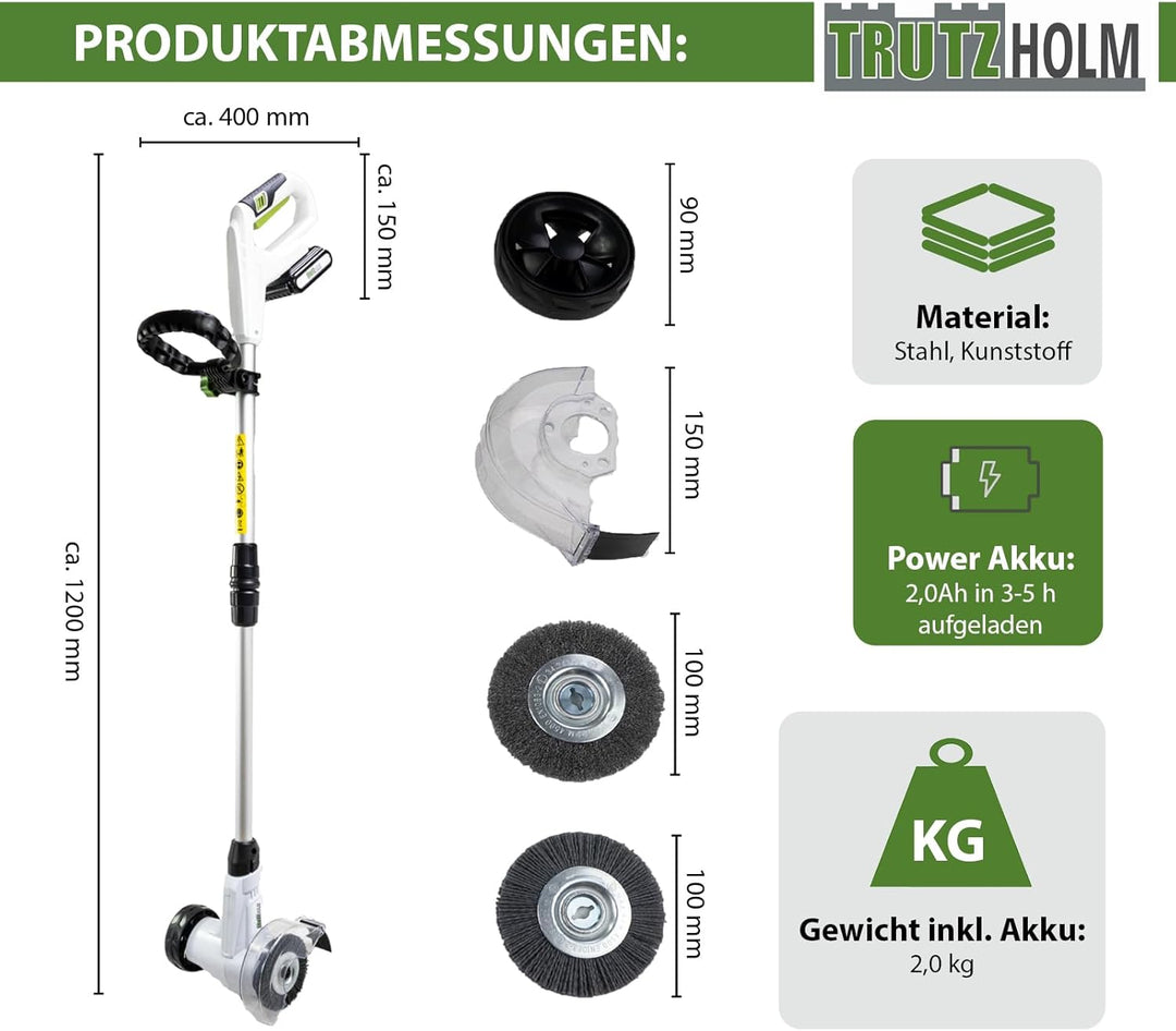 TRUTZHOLM Akku Fugenreiniger 20V inkl. Akku 2.0Ah wechselbare Fugenbürsten Teleskopstiel