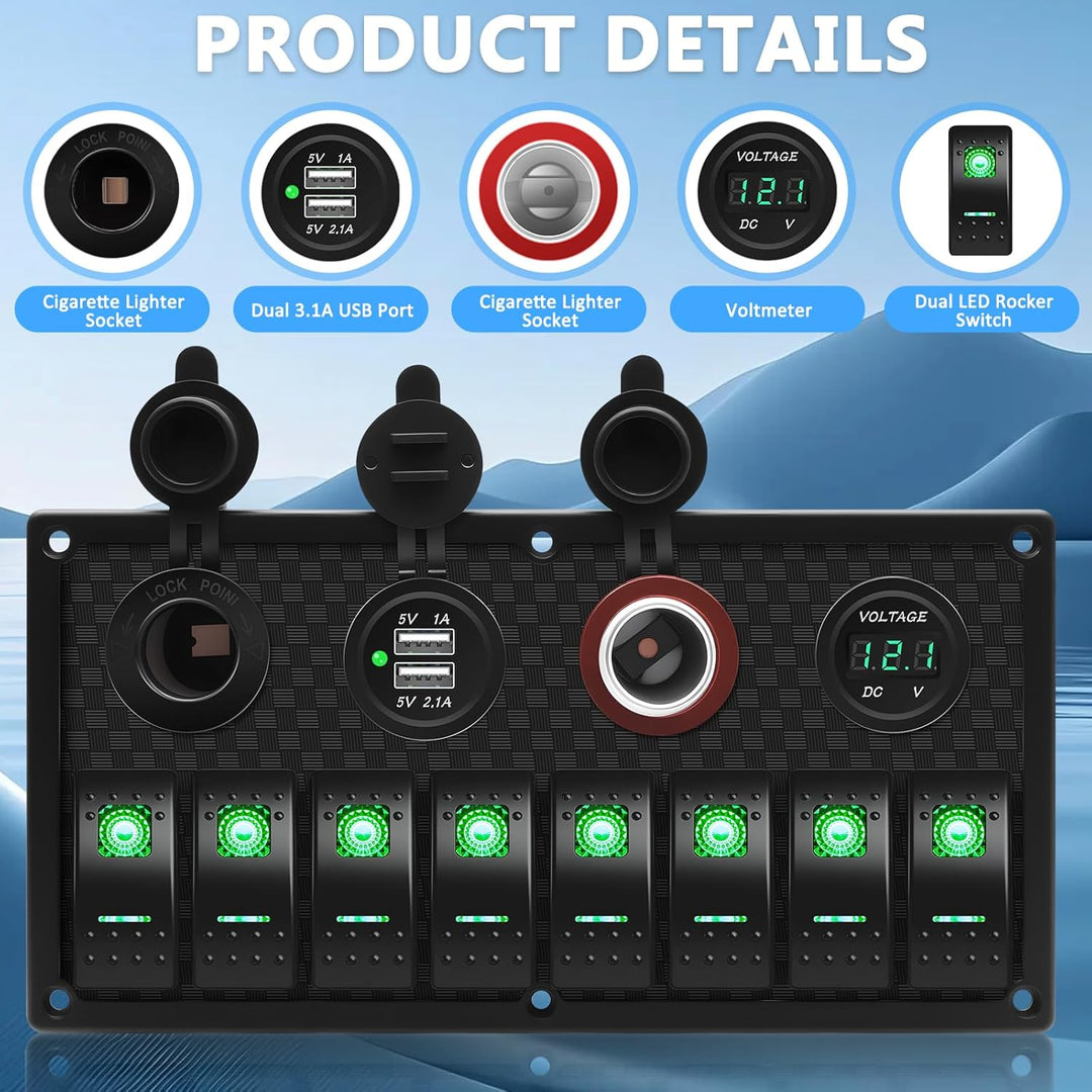 Geloo 8 Gang LED Toggle Rocker Switch Panel, 12V/24V Digital Voltage Display Dual USB Charger Port W