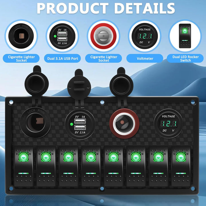 Geloo 8 Gang LED Toggle Rocker Switch Panel, 12V/24V Digital Voltage Display Dual USB Charger Port W