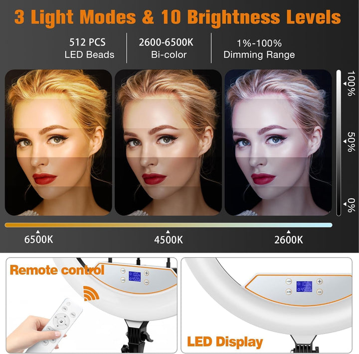 22-Zoll LED Ringlicht mit Stativ für iPhone/iPad, LCD-Display, 2600K-6500K Dimmbare, mit Bluetooth F