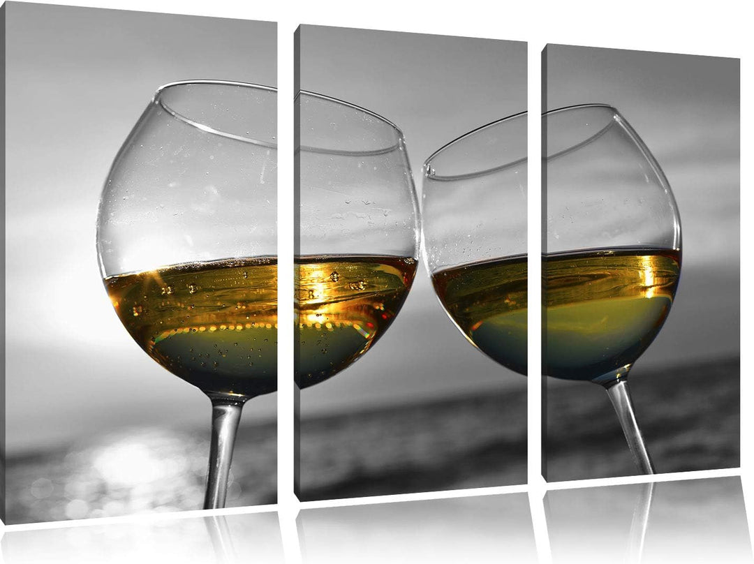 Wein in Gläsern am Meer schwarz/weiss 3-Teiler Leinwandbild 120x80 Bild auf Leinwand, XXL riesige Bi