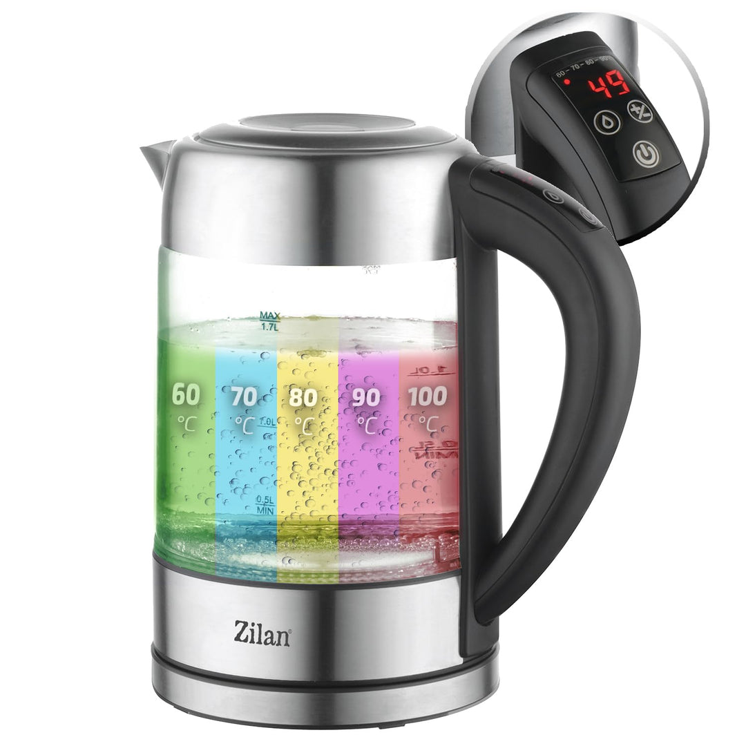 Zilan LED Glas Wasserkocher, Digitaldisplay, 1,7 l, 5 verschiedene Einstellungen, Kabelloser Wasserk