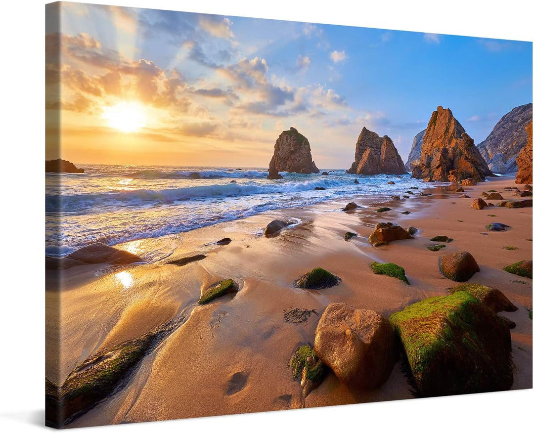 PICANOVA – Bild auf Leinwand Meeresstrand mit Felsen 120x80cm – Leinwandbild – Premium Leinwanddruck