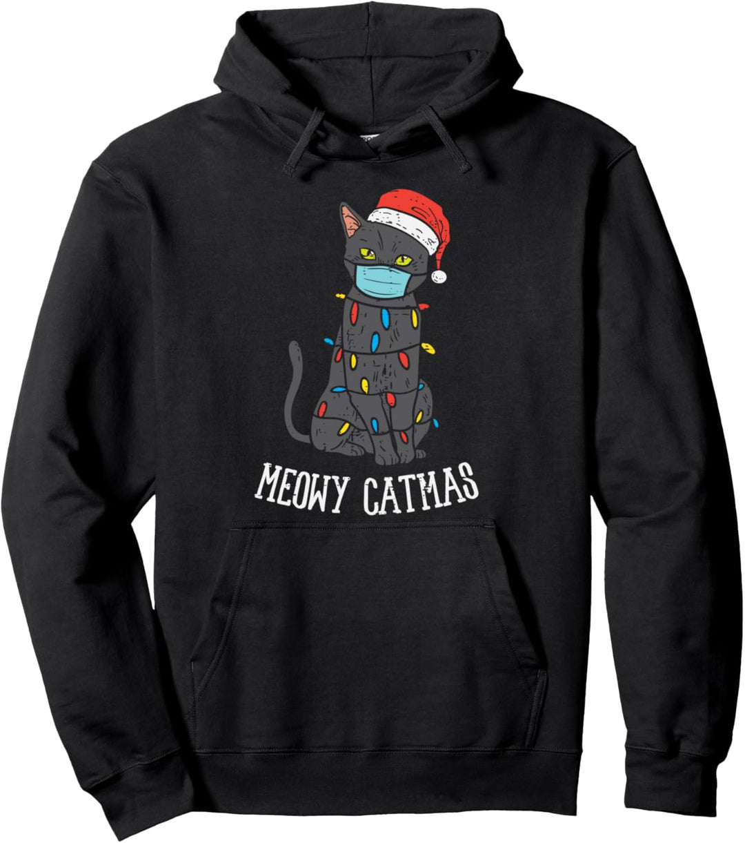 Santa Black Cat Mask Meowy Catmas Christmas Quarantine Gift Pullover Hoodie