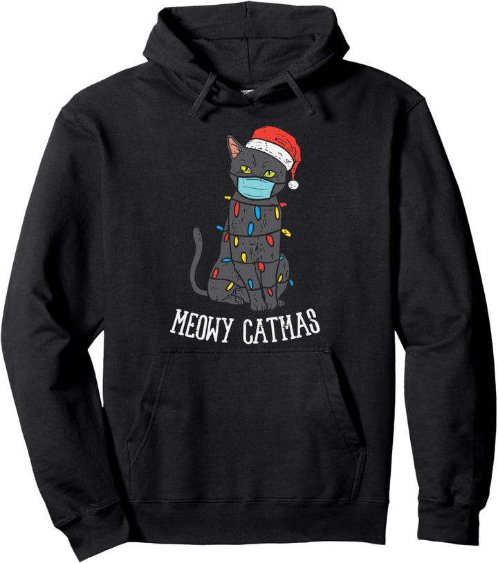 Santa Black Cat Mask Meowy Catmas Christmas Quarantine Gift Pullover Hoodie