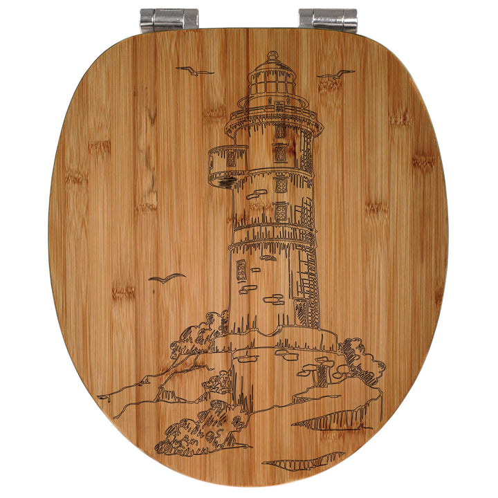 banjado® Hochwertig gravierter Design WC Sitz Bambus Absenkautomatik Leuchtturm 1 / Toilettendeckel