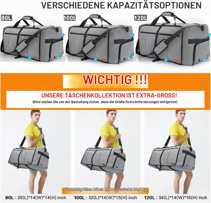 Urtala Faltbare Reisetasche für Herren &amp; Damen, 100L Gross Weekender Übernachtungstasche mit Schuhfa