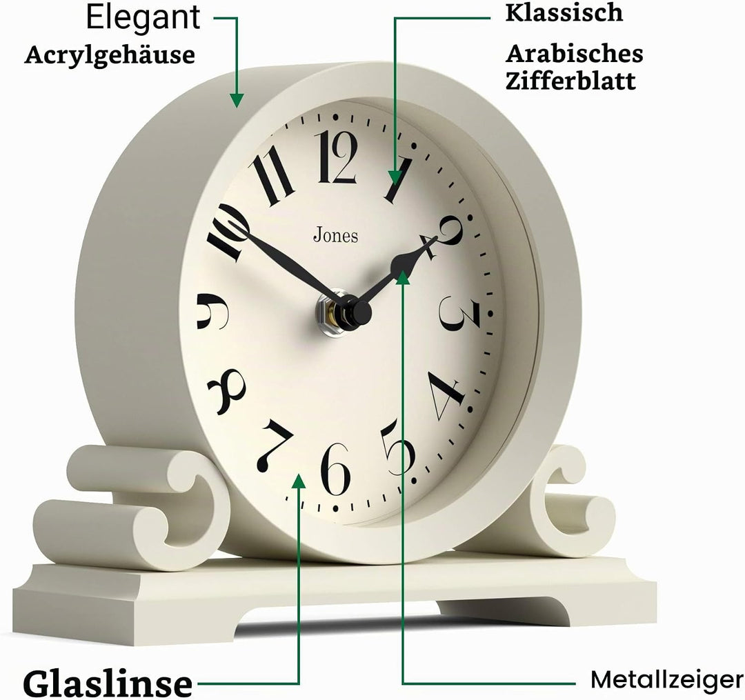JONES CLOCKS® Saloon Tischuhr I Traditionelles DoppelIscrollIDesign I Hellcreme I Zeitgenössischer k