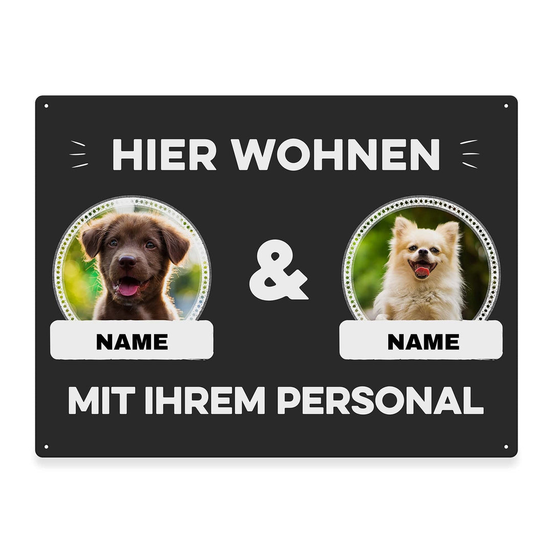 Hunde Schild personalisiert - Hier wohnt mit Personal - Metallschild mit Foto und Name für aussen, w