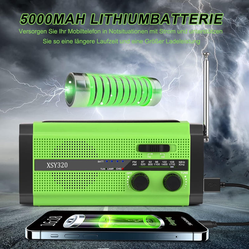 MILFECH Solar Radio, AM/FM Kurbelradio Tragbar Notfallradio mit 5000mAh Wiederaufladbare Batterie, 3