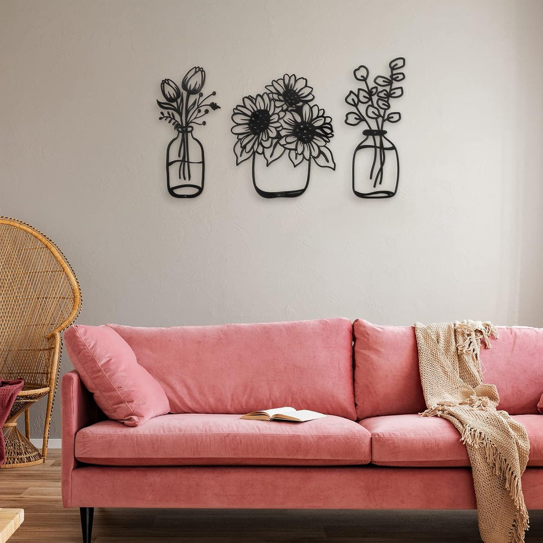 Hotop 3 Stück Metall Blumen Wanddekoration Minimalistische Vase Wandkunst Schwarze Tulpe Draht Eisen