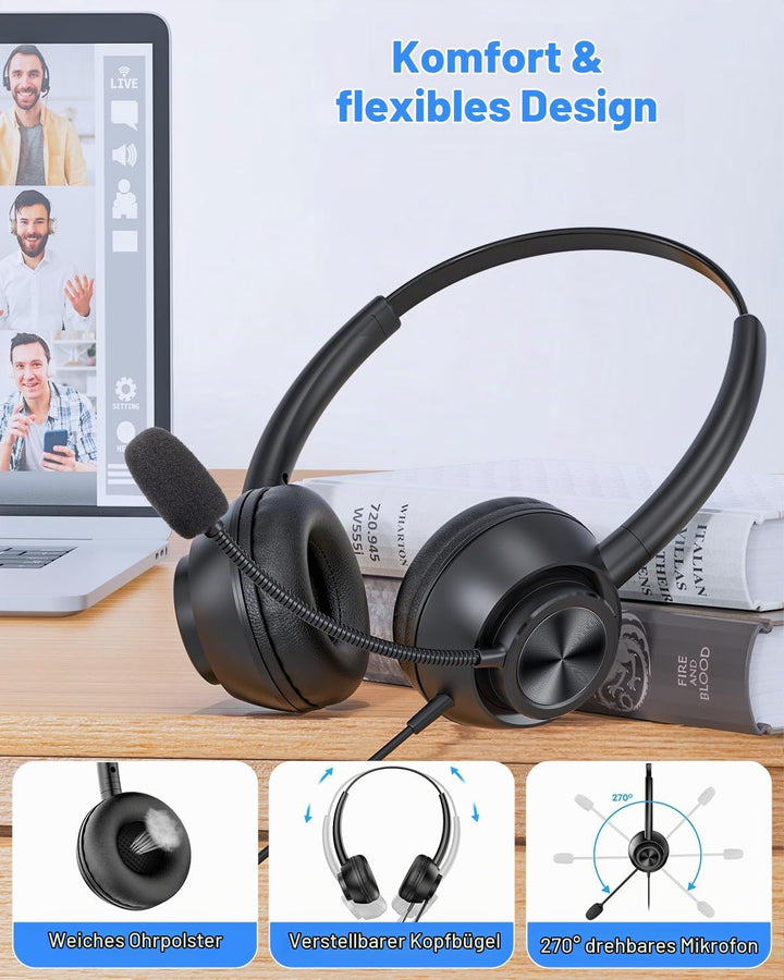 New Bee USB Headset mit Mikrofon, PC Headset mit USB-A &amp; USB-C, Verstellbares Mikrofon für Call Cent