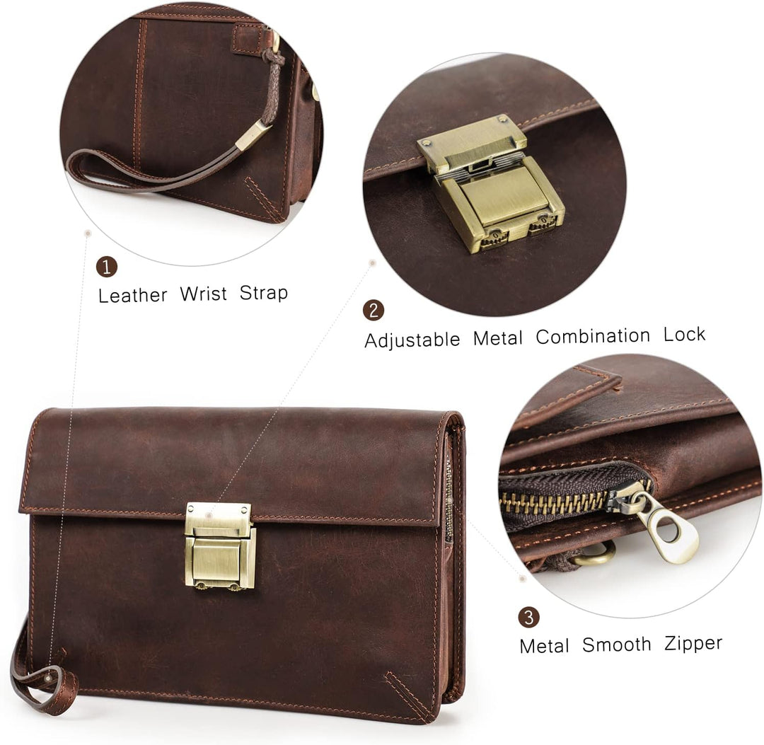 Contacts Herren-Leder-Clutch Geschäftsreise Reissverschluss-Clutch mit Zahlenschloss Lange Retro-Bri