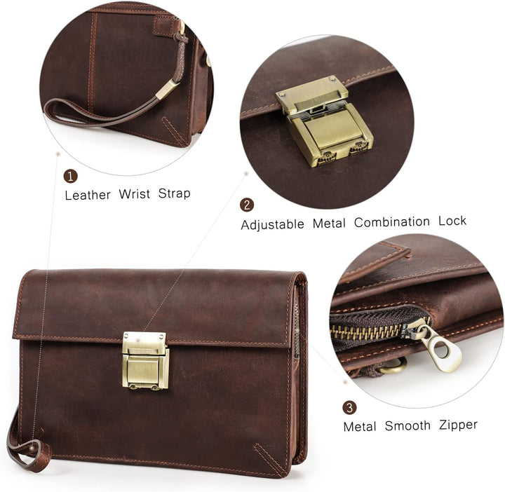 Contacts Herren-Leder-Clutch Geschäftsreise Reissverschluss-Clutch mit Zahlenschloss Lange Retro-Bri