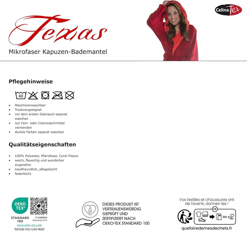 CelinaTex Texas Bademantel Kapuze M grau creme weiss Mikrofaser Damen Herren Morgenmantel Coral Flee