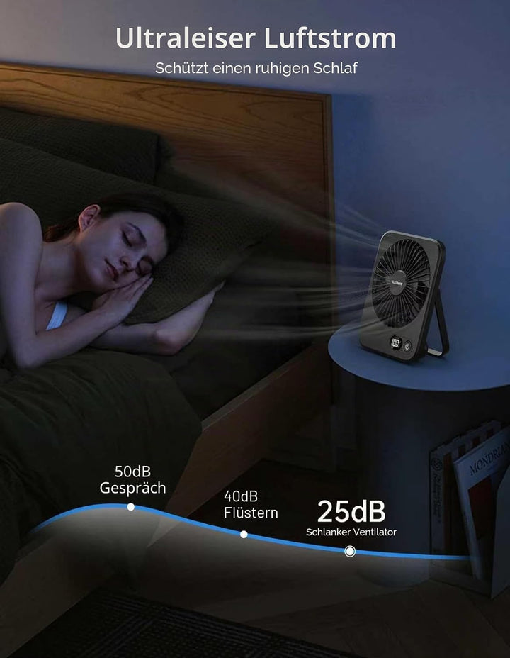 4000mAh Akku Tischventilator, bis zu 10 Stunden Laufzeit, leiser USB-Ventilator mit LCD-Display, 5 S