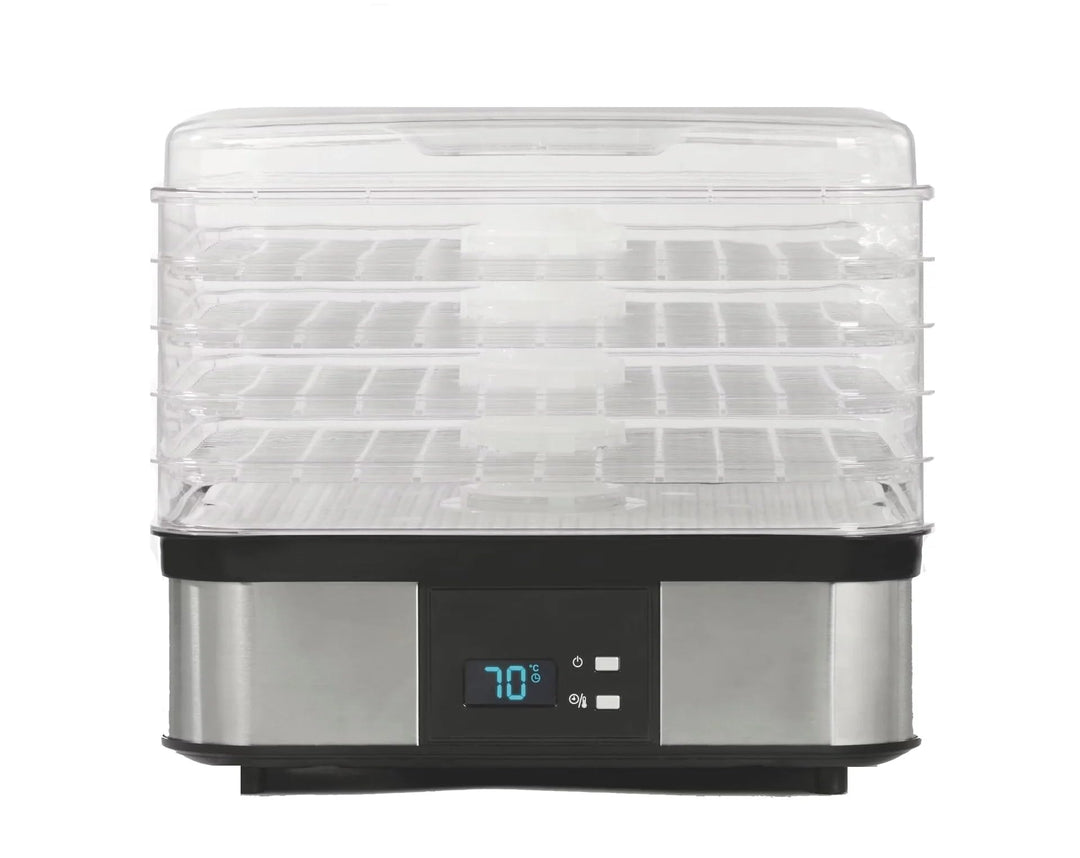 Edelstahl-Dörrgerät 350W mit 5 Einlegeböden, Temperatur 40-70°C, Zeitschaltuhr 1-36h, inkl. Kräuterm