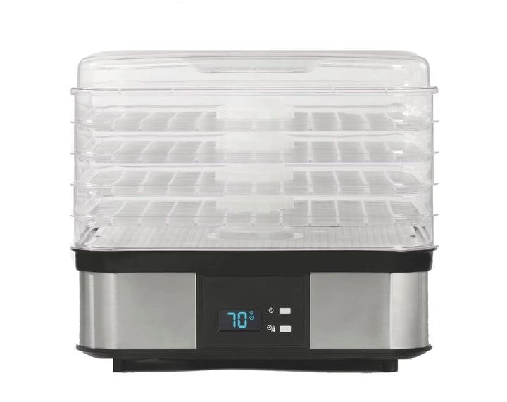 Edelstahl-Dörrgerät 350W mit 5 Einlegeböden, Temperatur 40-70°C, Zeitschaltuhr 1-36h, inkl. Kräuterm