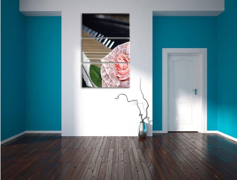 Pixxprint Noten auf zarter Rose neben Klavier 3-Teiler Leinwandbild 120x80 Bild auf Leinwand