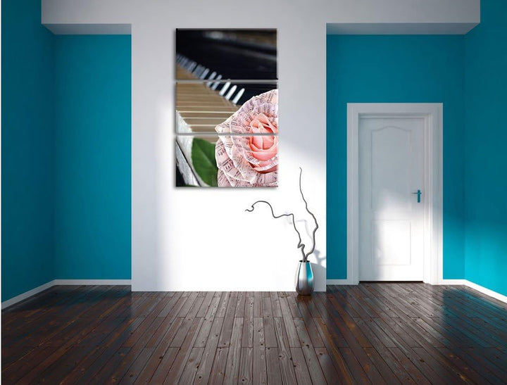 Pixxprint Noten auf zarter Rose neben Klavier 3-Teiler Leinwandbild 120x80 Bild auf Leinwand