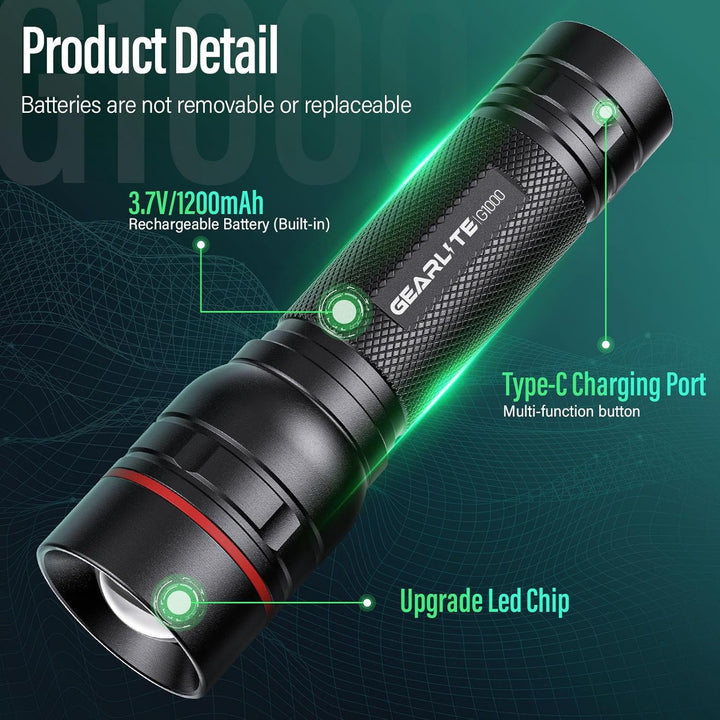 GEARLITE LED Mini Taschenlampe Aufladbar, 2000 Lumen LED Taschenlampe Extrem Hell mit 3 Modi, Zoomba