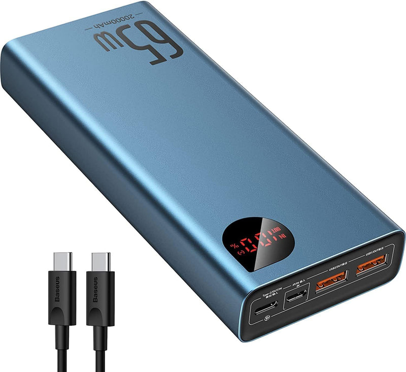 Baseus Power Bank 20000mAh, PD 65W QC 4.0 Schnellladung USB C Externer Akku Telefonladegerät mit Tri