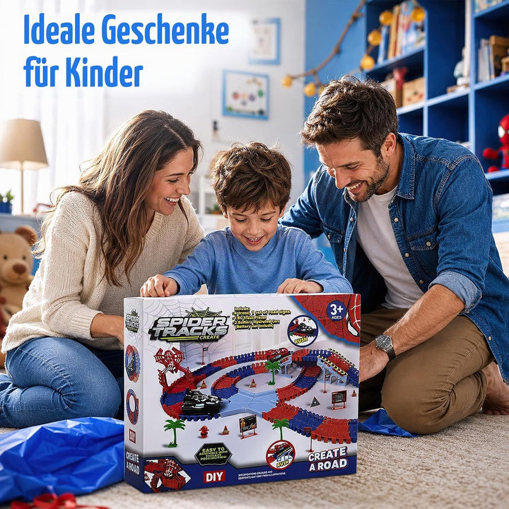 Spider Rennbahn Set 212 Teile – Flexible Autorennbahn Spielzeug ab 3 4 5 6 7 8 Jahre Junge, DIY Trac