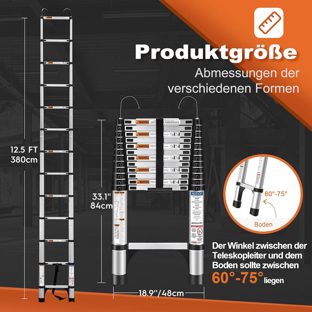 3,8mTeleskopleiter mit Haken, HBTower Leichte Ausziehleiter, Leiter Ausziehbar, klappbare Leiter für