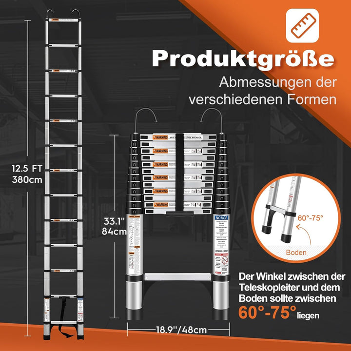 3,8mTeleskopleiter mit Haken, HBTower Leichte Ausziehleiter, Leiter Ausziehbar, klappbare Leiter für