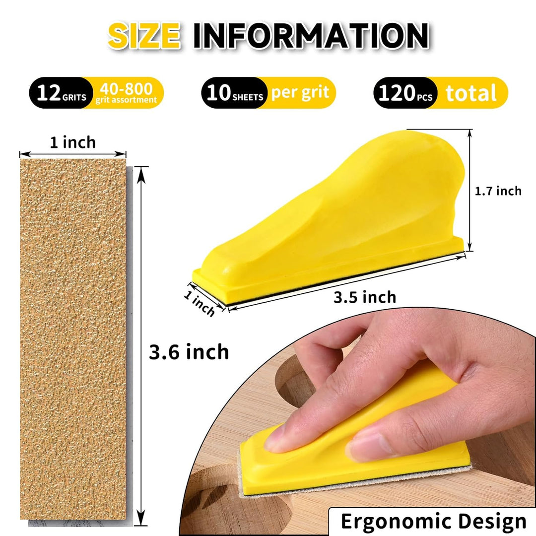 120 Stück Schleifpapier mit 90x30 mm Schleifklotz Set, Mini Schleifwerkzeuge, 40/60/80/100/120/180/2