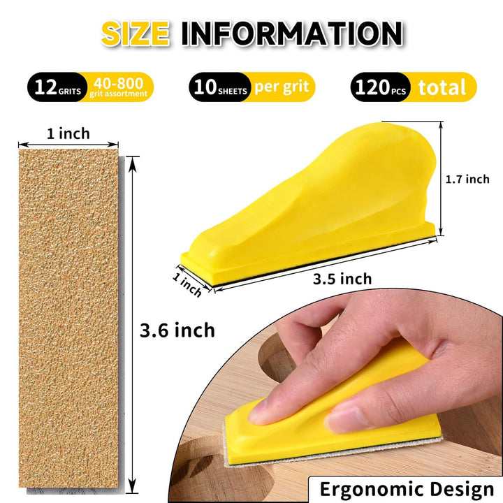 120 Stück Schleifpapier mit 90x30 mm Schleifklotz Set, Mini Schleifwerkzeuge, 40/60/80/100/120/180/2