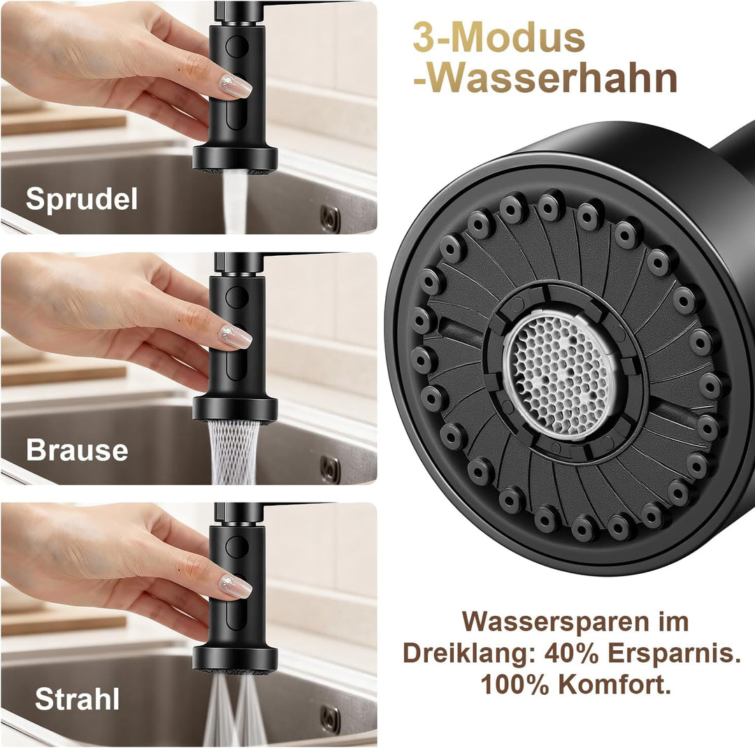 Wasserhahn Küche Schwarz - Hochdruck Küchenarmatur Ausziehbar - 360°Drehbar 3 Sprühfunktionen - Spir