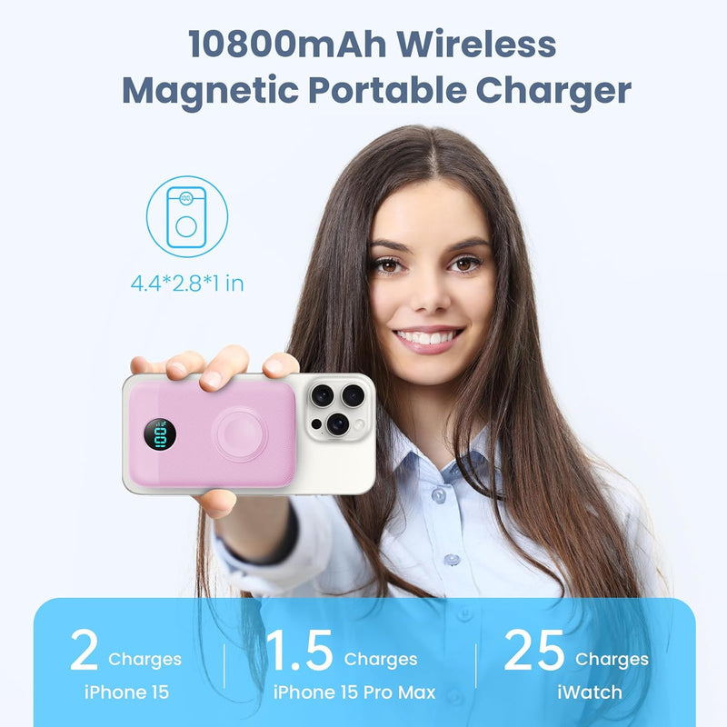 Magnetische Powerbank 10800mAh für Mag-Safe, 4-in-1 Wireless Power Bank mit i-Watch Ladegerät,QC4.0+