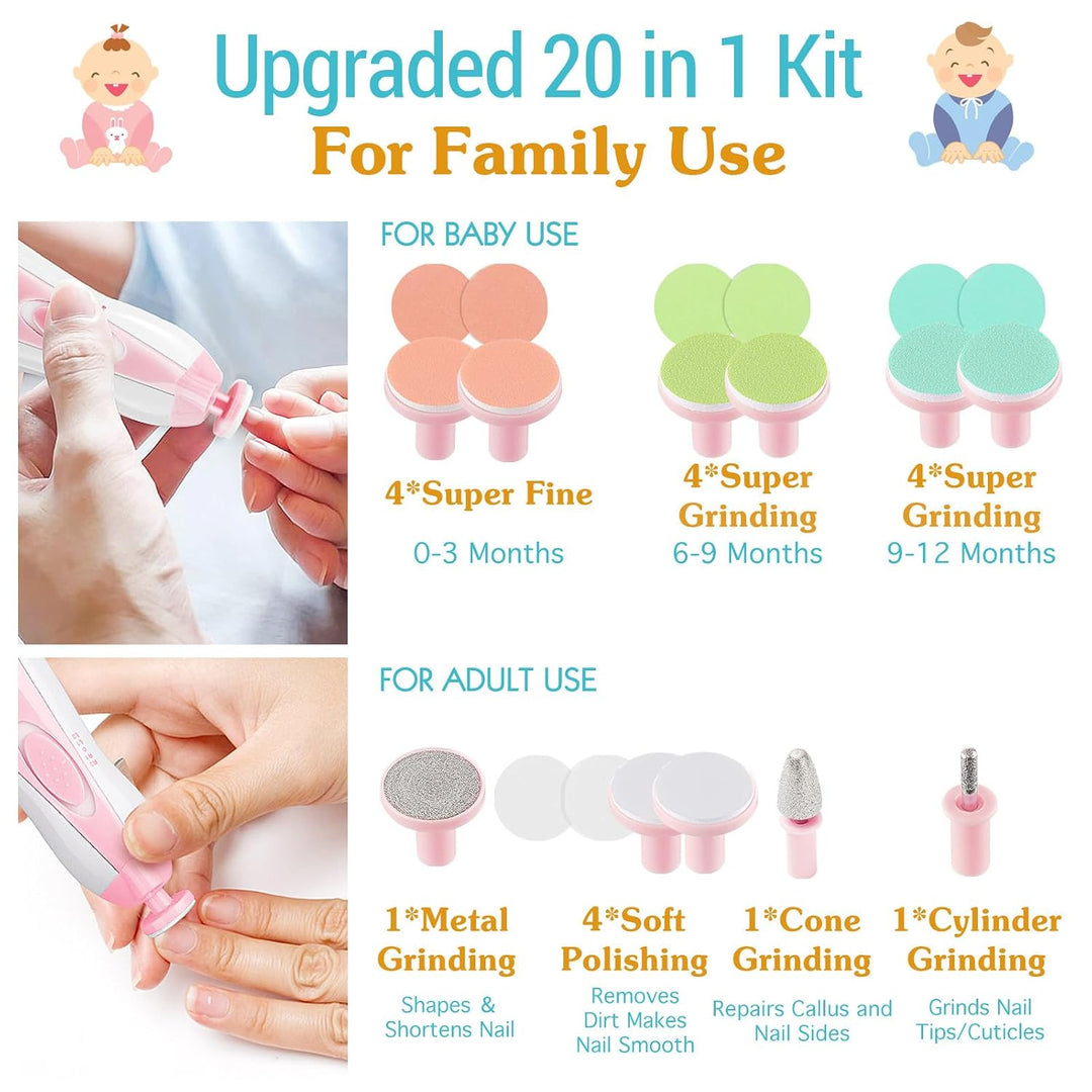Zooawa Baby Nagelknipser 20 in 1, Elektrischer Baby Nageltrimmer, Nagelfeilen Set mit 12 Ersatzpads,