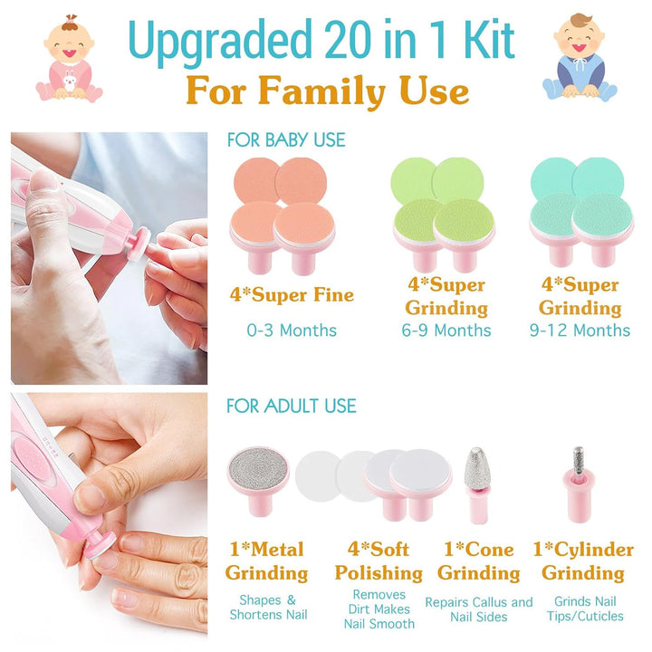 Zooawa Baby Nagelknipser 20 in 1, Elektrischer Baby Nageltrimmer, Nagelfeilen Set mit 12 Ersatzpads,