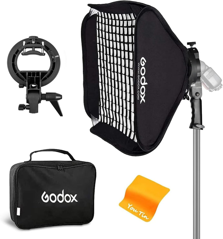 Godox Softbox 60 x 60 cm mit S Typ Speedlite Halterung, Wabengitter, Bowens Halterung und Tragetasch