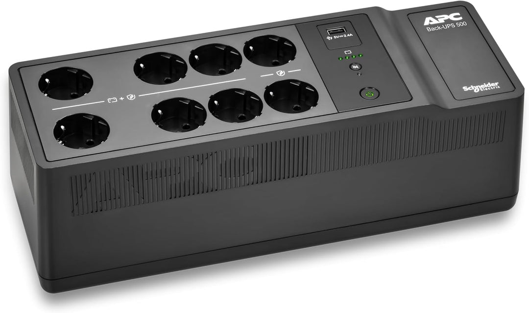APC UPS für Zuhause, 500VA UPS Batterie-Backup mit AVR, 8X CEE 7/3 Schuko outlets(1) USB-Ladeanschlu