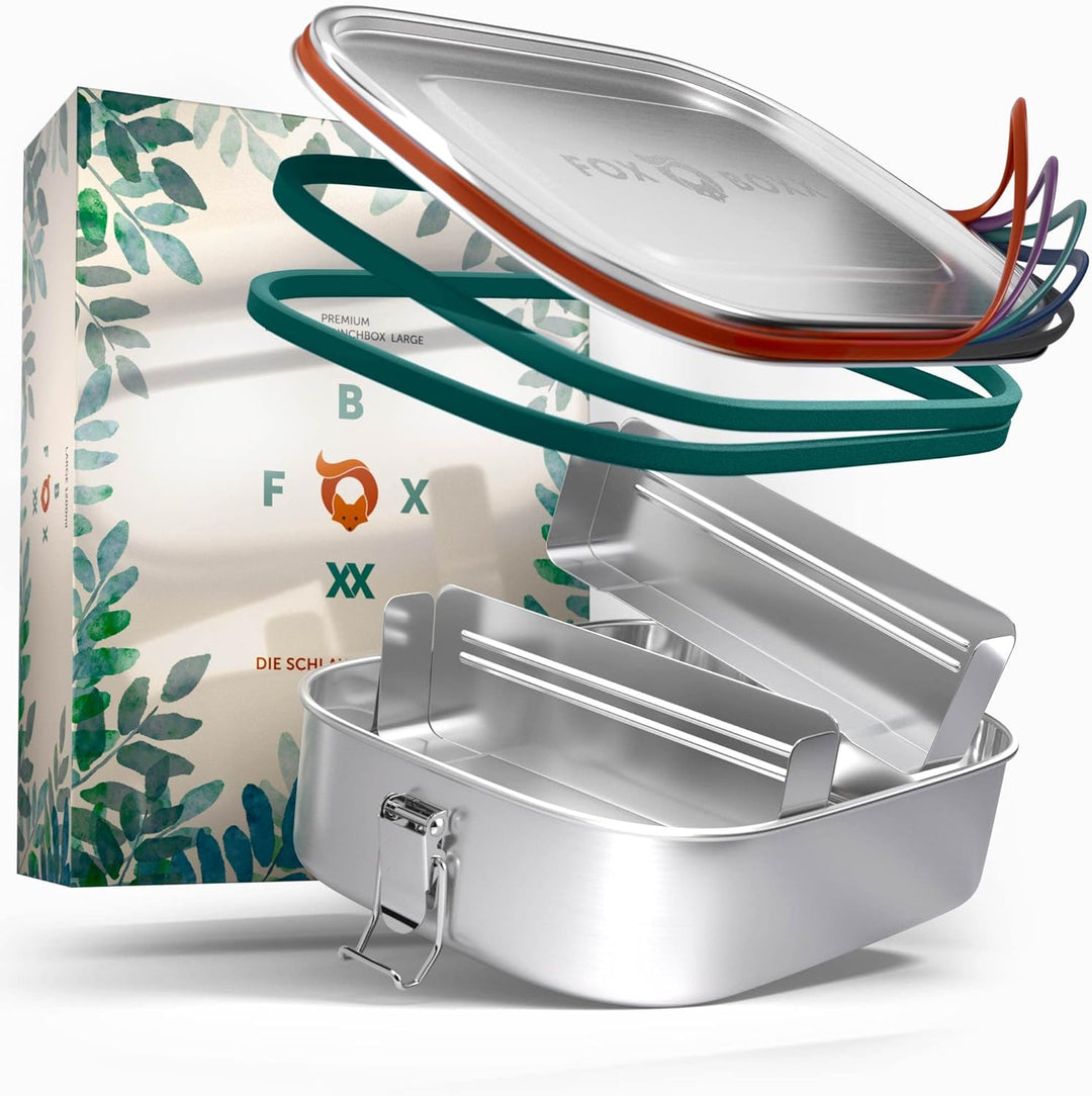 FOXBOXX Edelstahl Brotdose/Mini 800ml Special/MINI Dose 150ml 2 Deckel / 5 DEKO-Farbringe + Ersatzdi