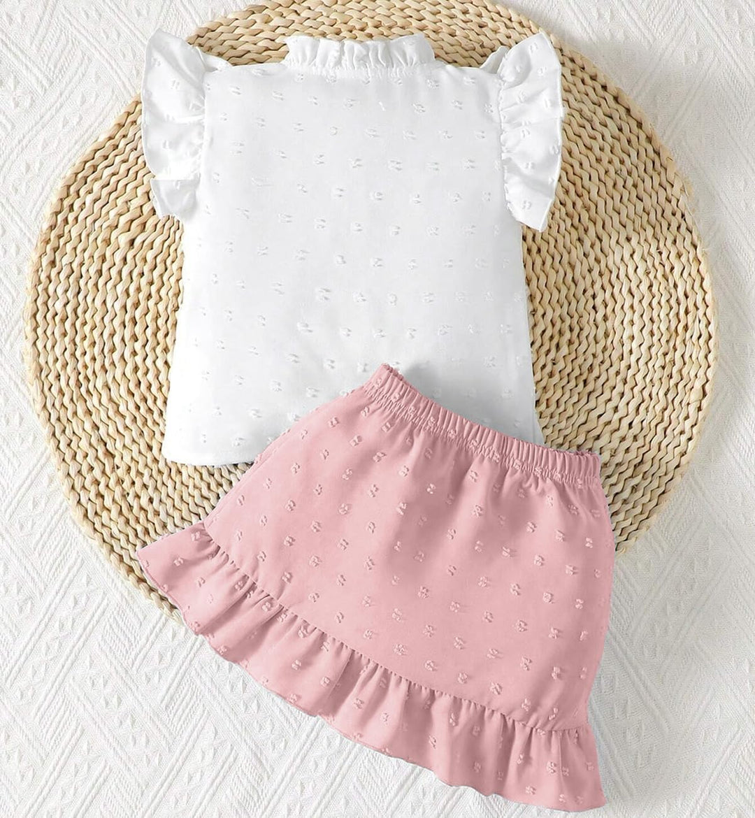 Baby Mädchen Rock Set Rüschen Ärmellose Bluse mit Schleife & Eleganter Schweizer Punkten Rock 2Pcs S