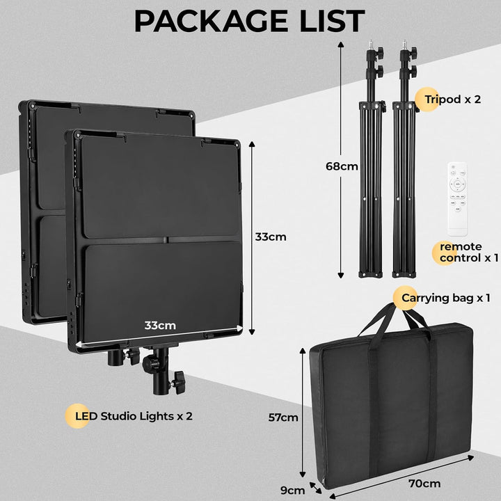 LED Videoleuchte 2er-Set, 110W 720 LEDs 3000-6300K Dimmbar | Flächenleuchte mit 195cm Stativ, Fernbe