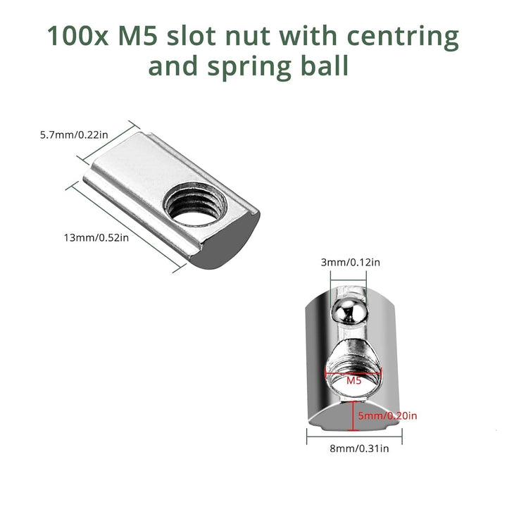 EYPINS 100x Nutensteine M5 mit Steg, Federkugel Nut 6, 20x20 Hammermutter Stahl Verzinkt Nutmuttern