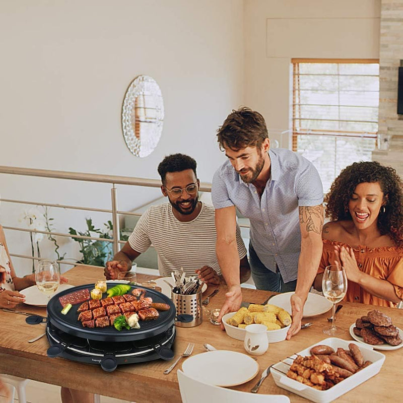 Raclette 8 Personen - Raclette Grill mit 8 Raclette Pfännchen und 2 Holzspateln Antihaftbeschichtung