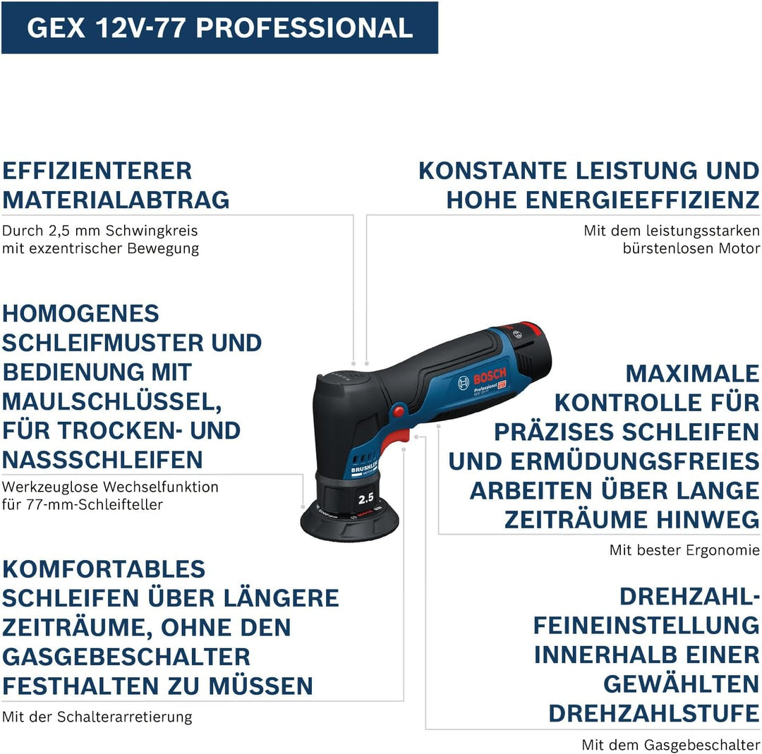 Bosch Professional 12V System Akku-Exzenterschleifer GEX 12V-77 (inkl. montiertem 77 mm Klett-Schlei