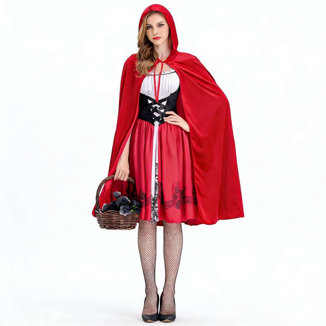 Rotkäppchen Kostüm Damen, Rotkäppchen Umhang mit Kleid und Schwarze Strümpfe, Märchen Kostüm Damen G