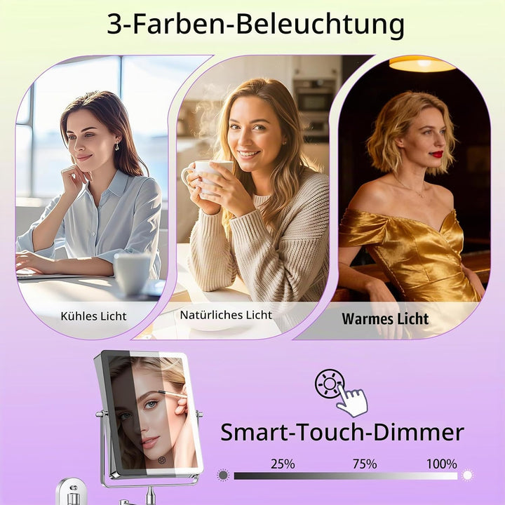 Famihomii 5000mAh Wiederaufladbar Kosmetikspiegel mit LED Beleuchtetung, 8,7 Zoll beidseitig 1X/20X