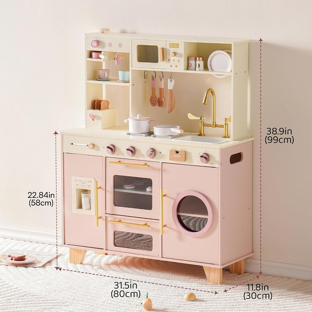 ROBUD Kinder Spielküche aus Holz, Kinder Spielzeugküche Spielset mit Brotmaschine, Ofen mit Kuchen,