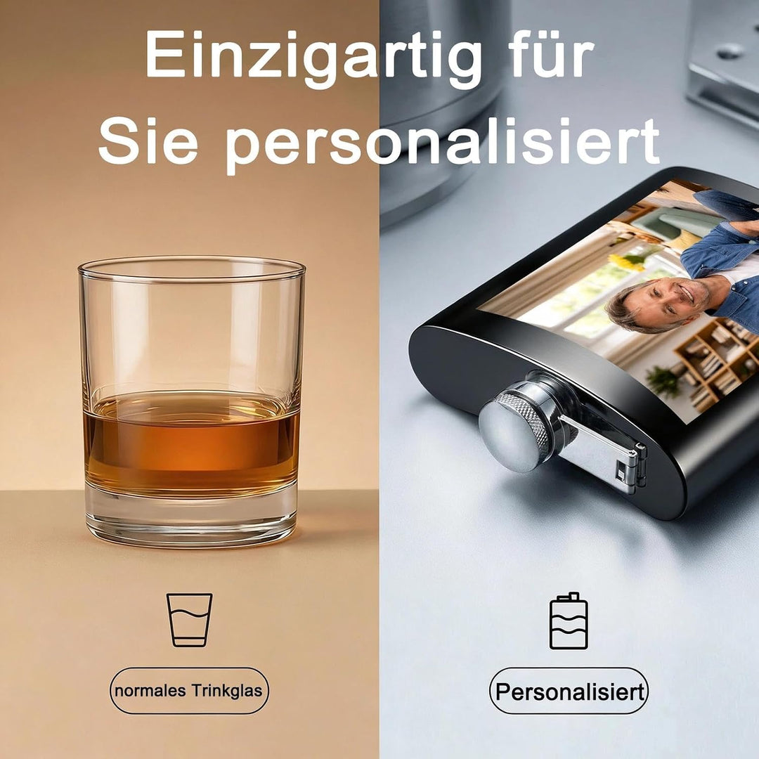 Personalisiert Flachmann mit Foto - Flachmann Edelstahl - Geeignet für Whiskey Rum und Wodka Partys