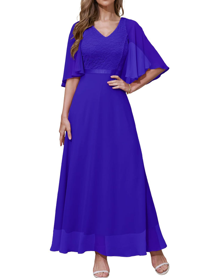 DRESSTELLS Damen Ballkleid Lang Abendkleider Elegant für Hochzeit mit Kurze Ärmel S Royal Blue, S Ro